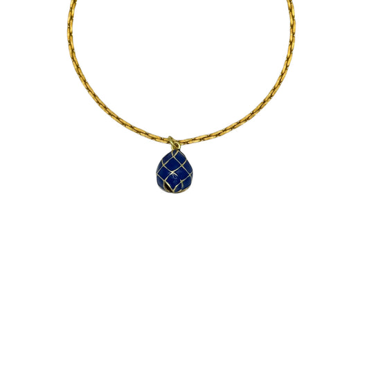 Vintage Gold Link Chain Long Necklace with Navy Enamel Egg Pendant — 1980s