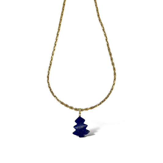 Lapis Lazuli Yılbaşı Ağaç Detaylı Vintage Altın Kaplama Zincir