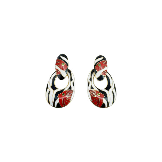 Vintage Cloisonné Fish Print Drop Earrings