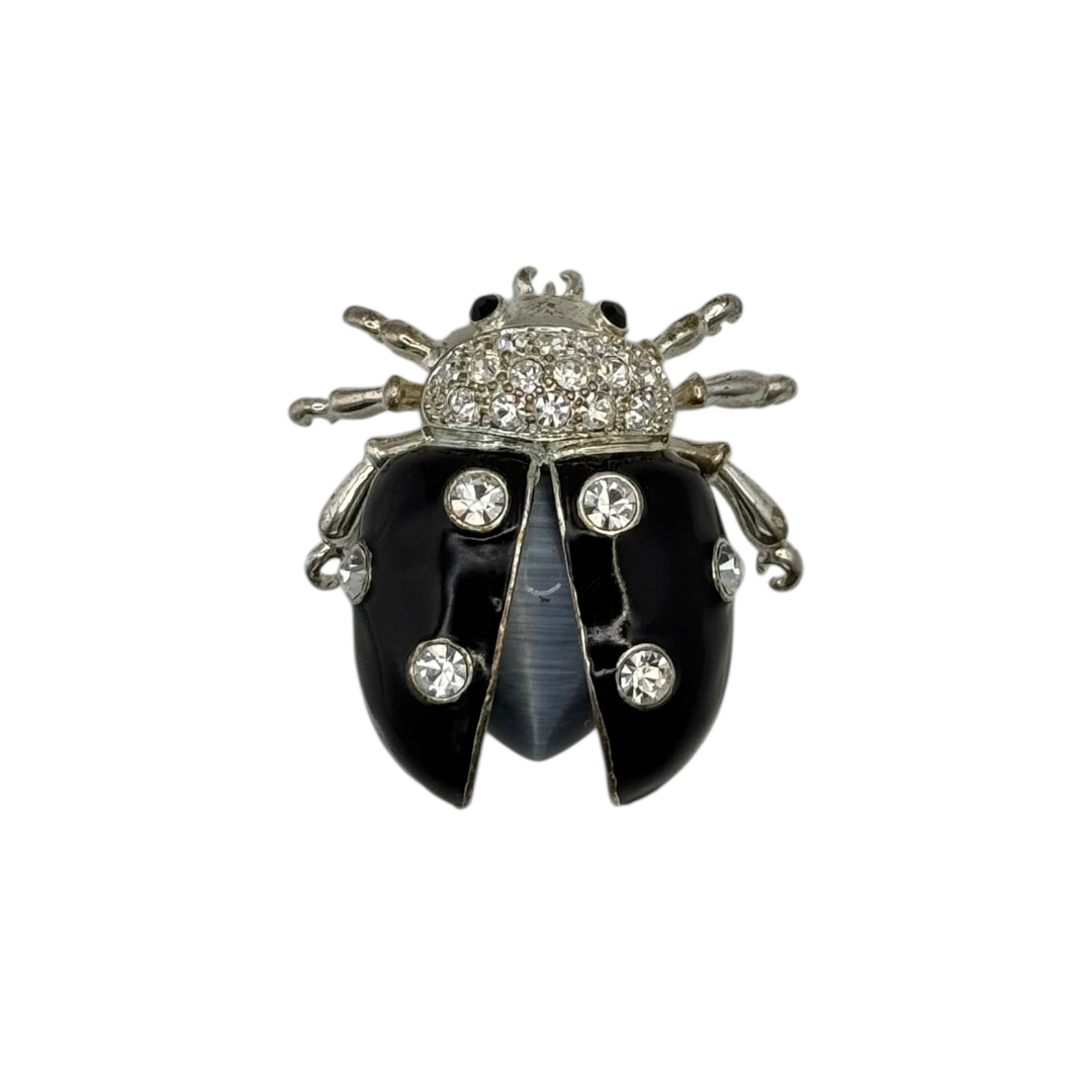 Vintage Siyah Mineli Swarovski Kristalli Uğur Böceği Broş