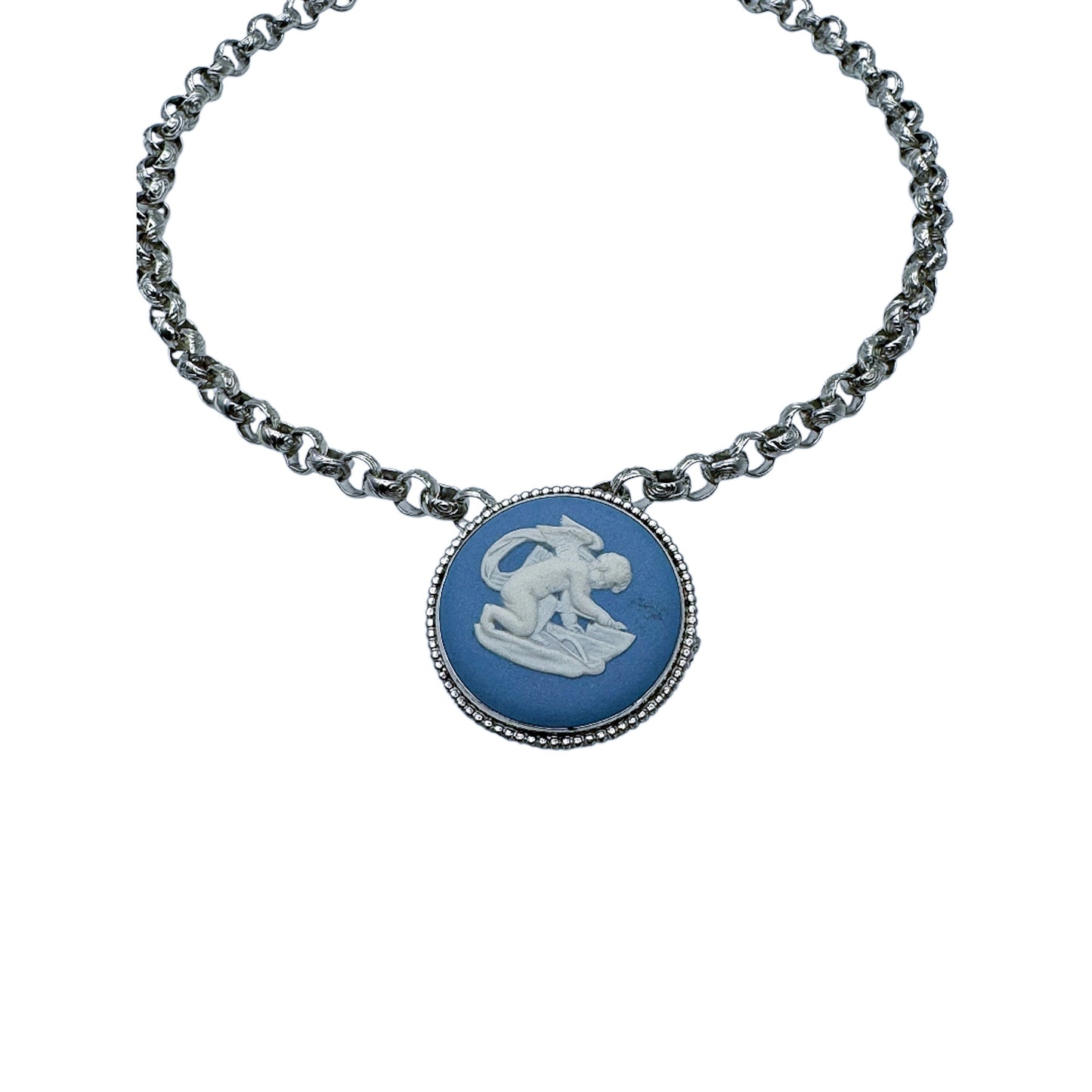 Vintage Silver-Plated Chain Necklace with Wedgwood Blue & White Jasperware Pendant