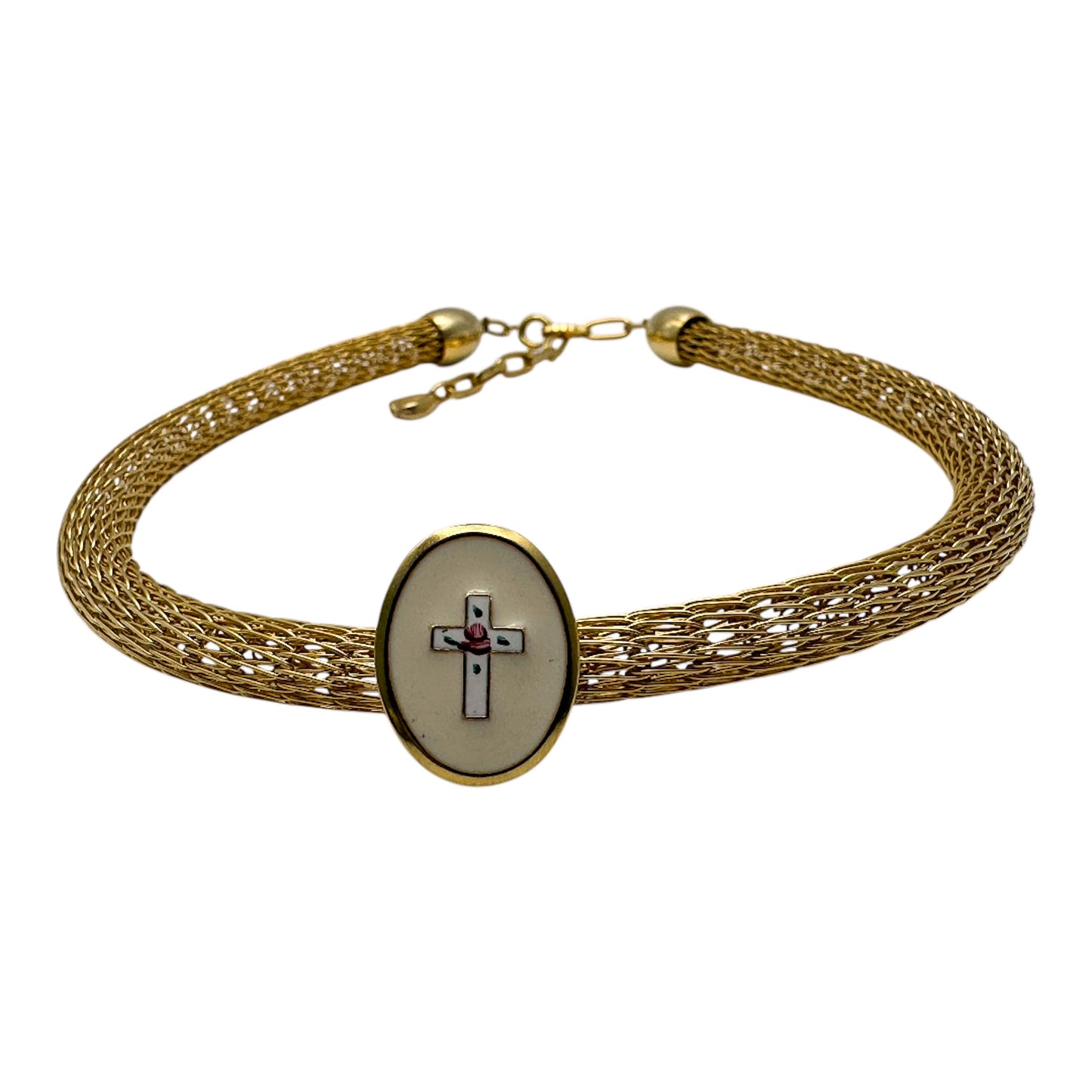 Vintage Mineli Broş Detaylı Mesh Choker Kolye