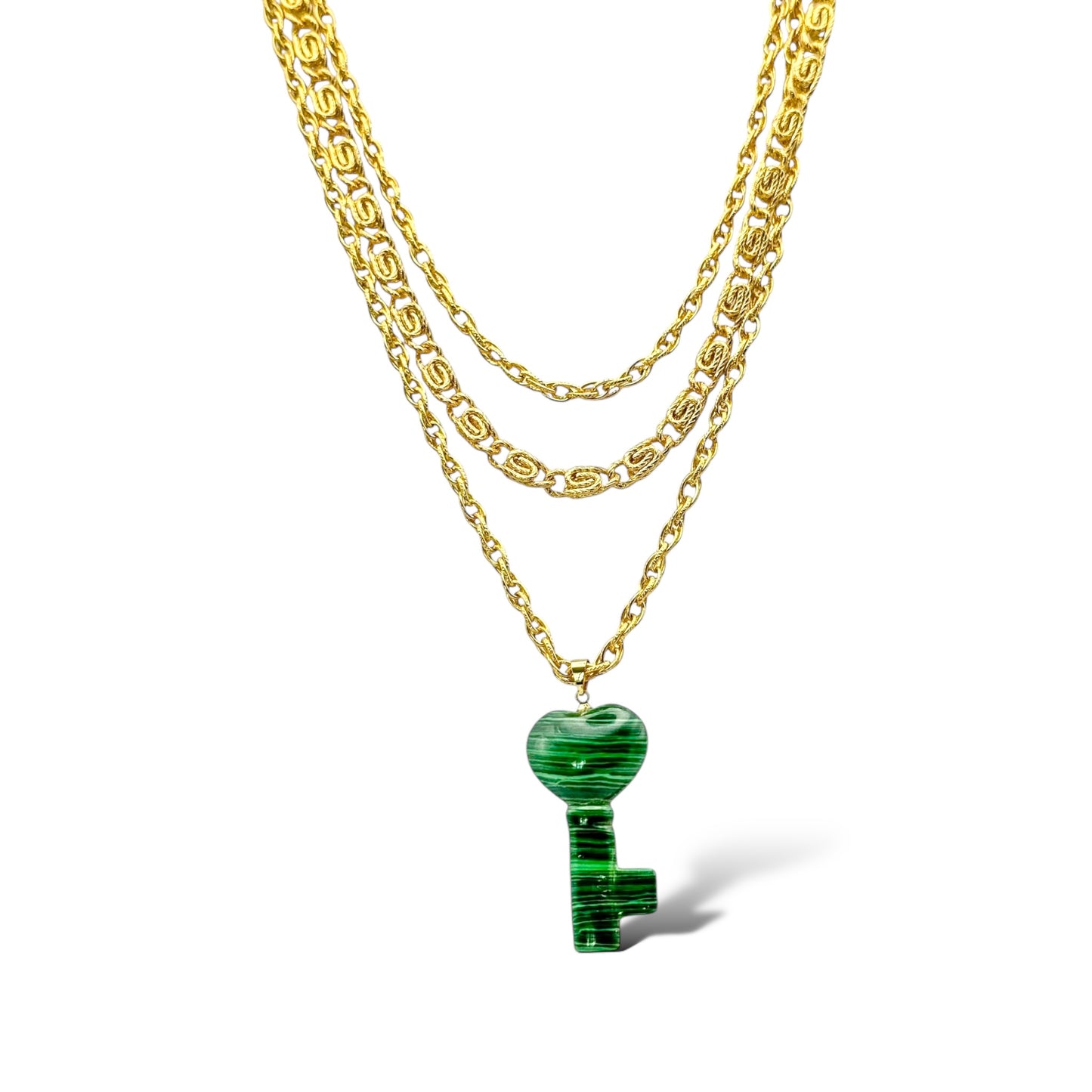 Vintage Triple Gold Chain Necklace with Malachite Key Heart Pendant — 1980s