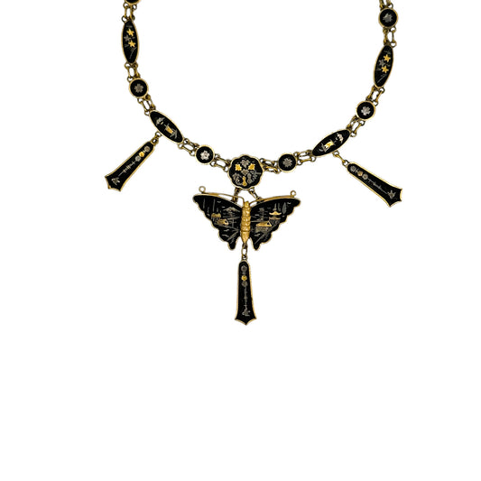 Vintage Japanese Shakudo Butterfly Necklace with 24K Gold Inlay — 1930s