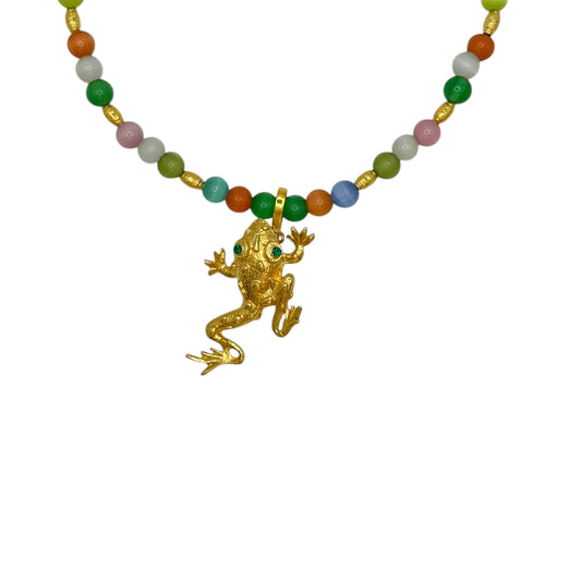 Vintage Gold Frog Brooch Pendant Necklace with Cat's Eye Beads — 1980s