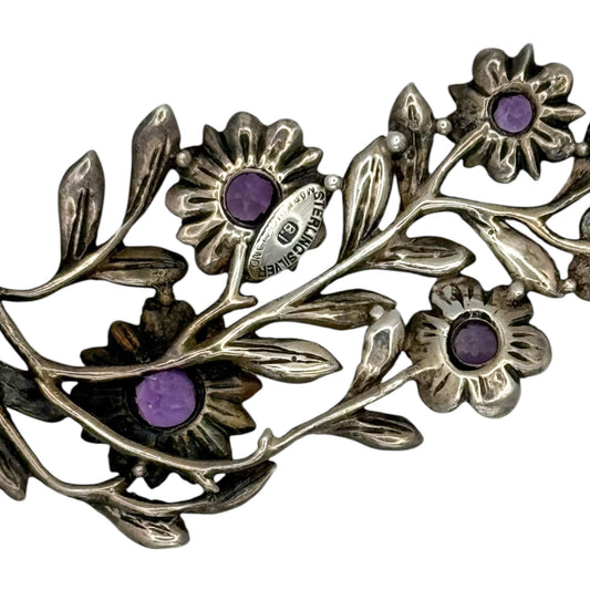 Antique Handcrafted Sterling Silver Marcasite & Amethyst Flower Brooch
