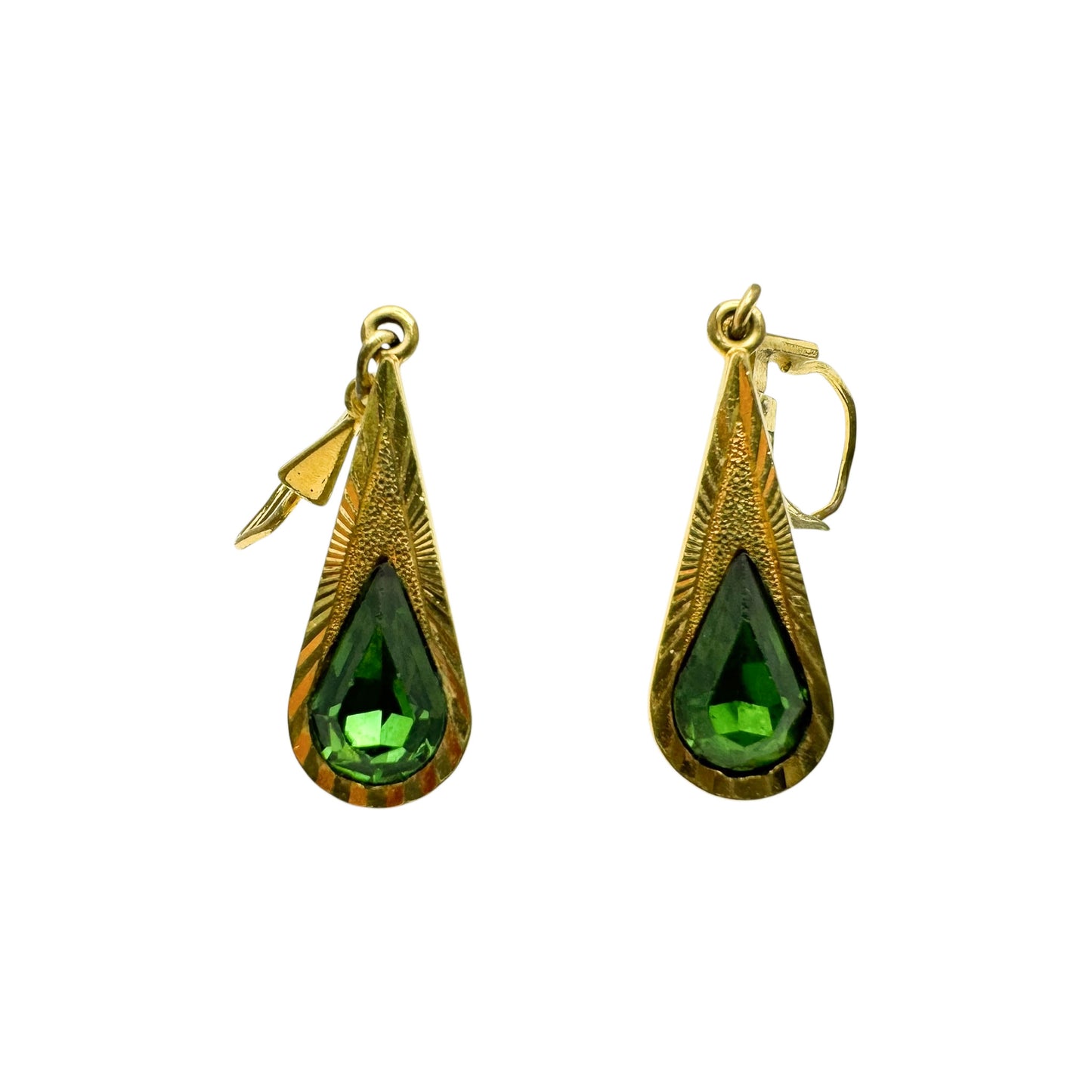 Vintage Franz Breuning Signed FB Rolled Gold & Green Glass Teardrop Earrings — 1950s