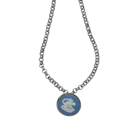 Vintage Silver-Plated Chain Necklace with Wedgwood Blue & White Jasperware Pendant