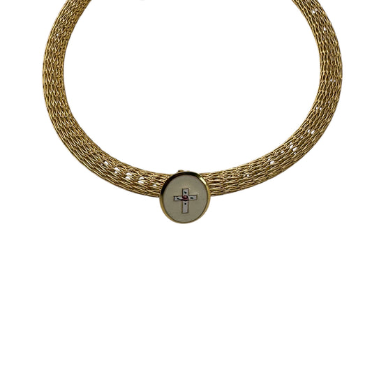 Vintage Mineli Broş Detaylı Mesh Choker Kolye