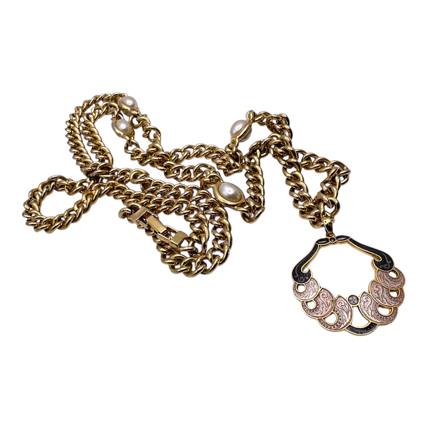 Vintage Pearl-Detailed Long Chain Necklace with Light Pink Cloisonné Pendant