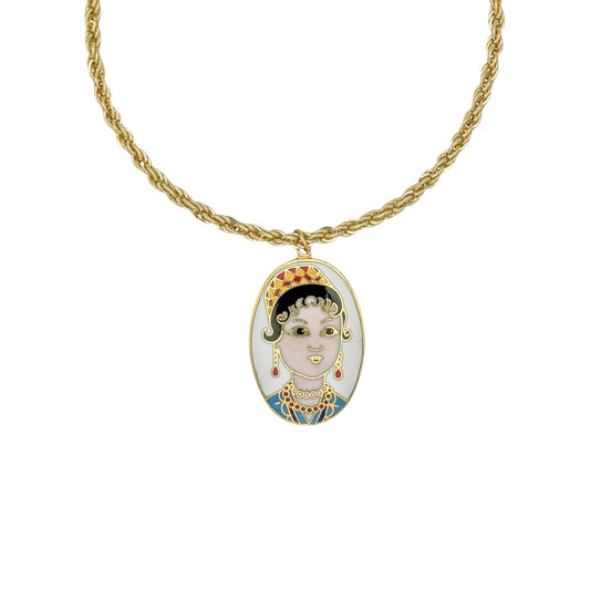 Vintage Gold Rope Chain Necklace with Geisha Cloisonné Pendant — 1980s