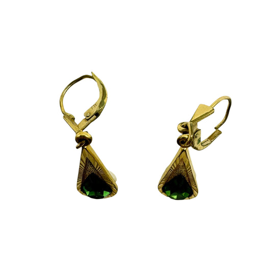 Vintage Franz Breuning Signed FB Rolled Gold & Green Glass Teardrop Earrings — 1950s