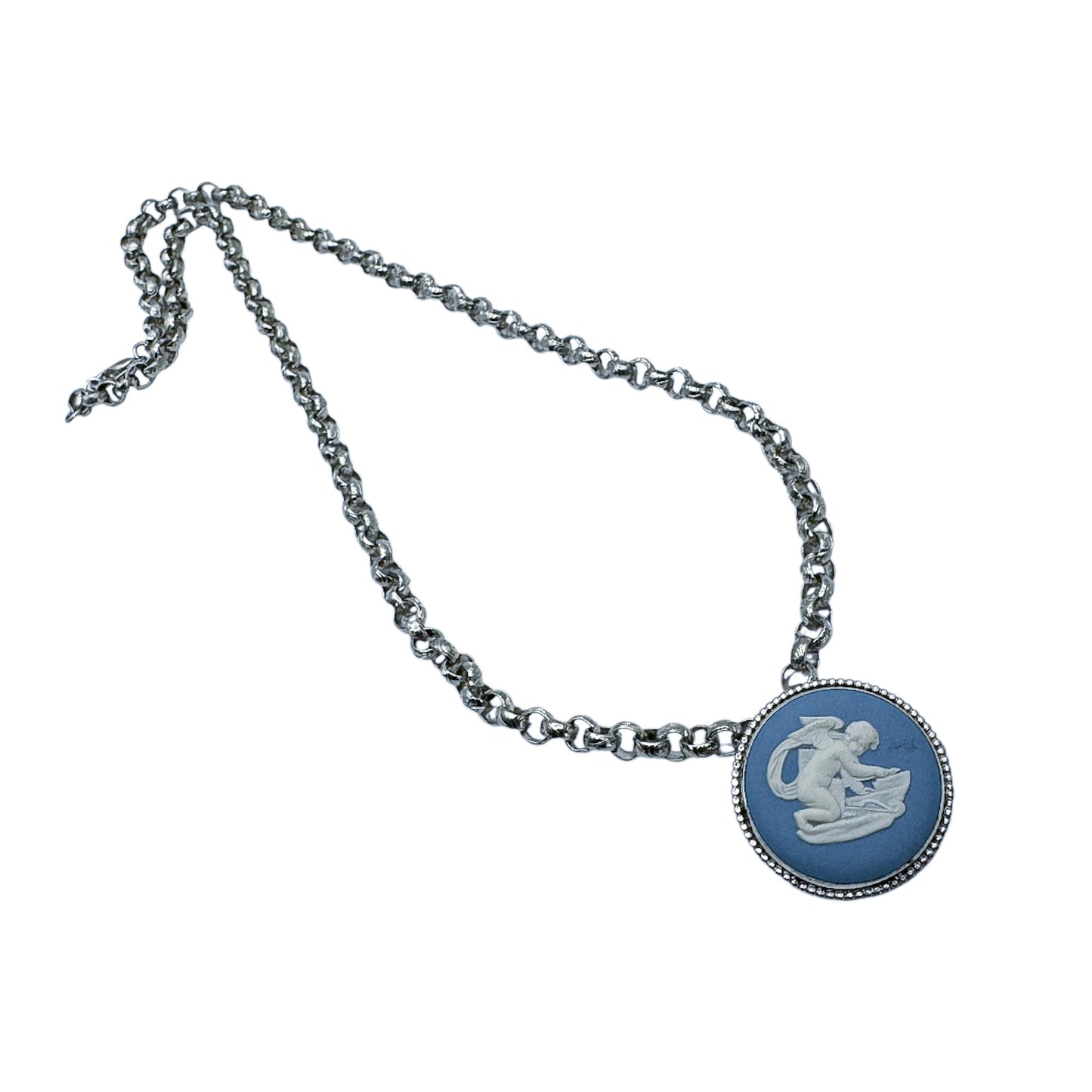 Vintage Silver-Plated Chain Necklace with Wedgwood Blue & White Jasperware Pendant