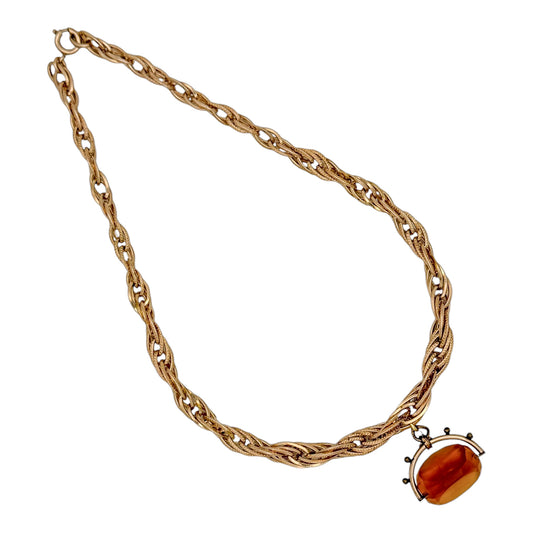 Vintage Rose Gold Chain Necklace with Antique Fob Pendant — 1980s