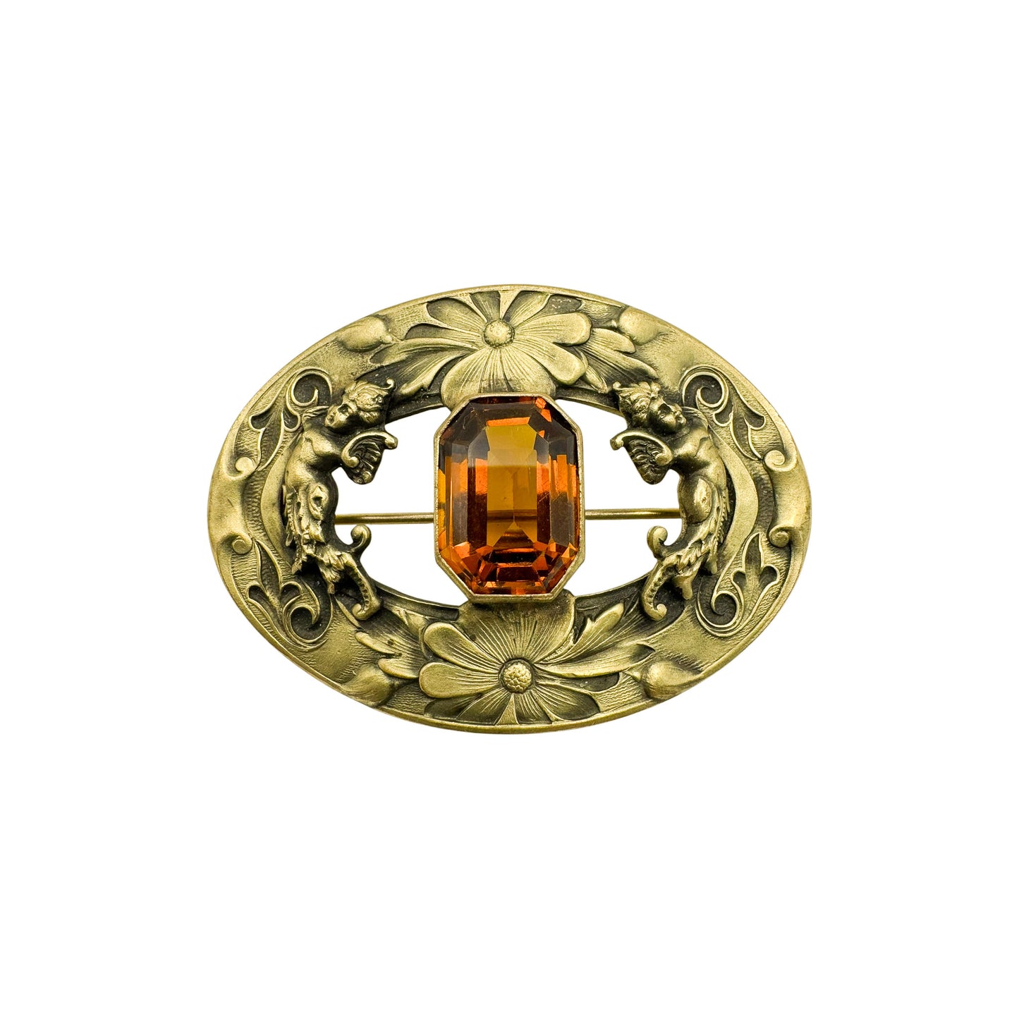 Antika Viktorya Art Nouveau Kehribar Camlı Melek Broş  