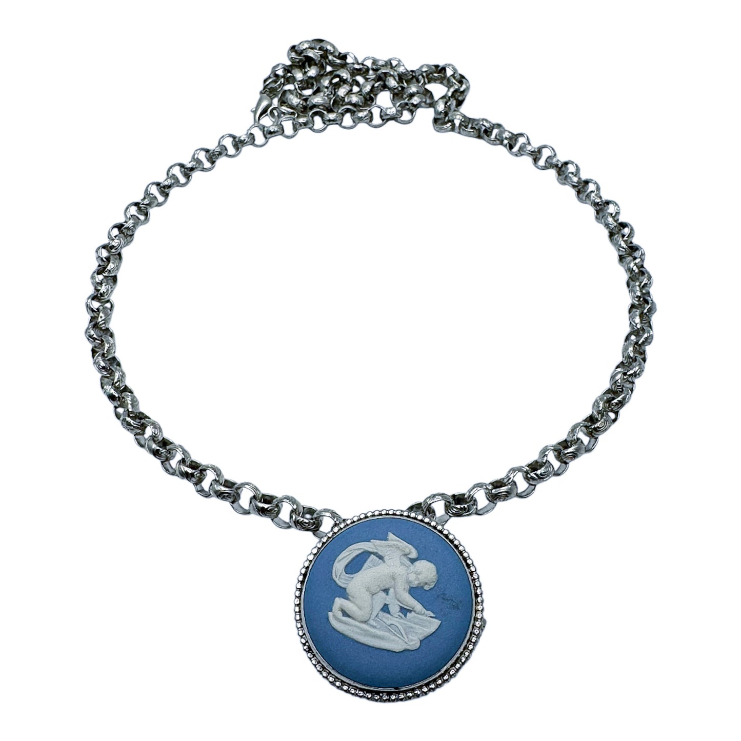 Vintage Silver-Plated Chain Necklace with Wedgwood Blue & White Jasperware Pendant