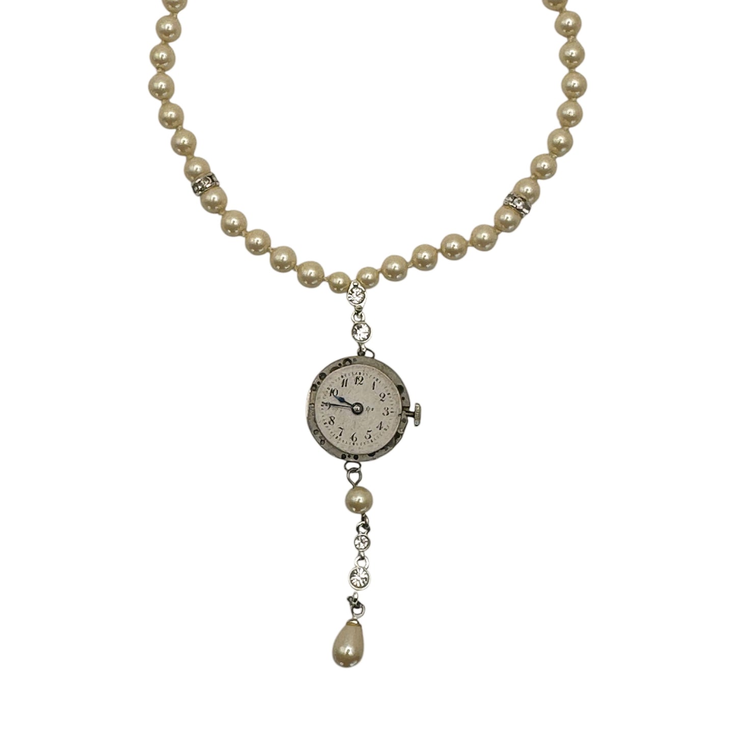 vintage monet y necklace pearl crystal watch movement pendant