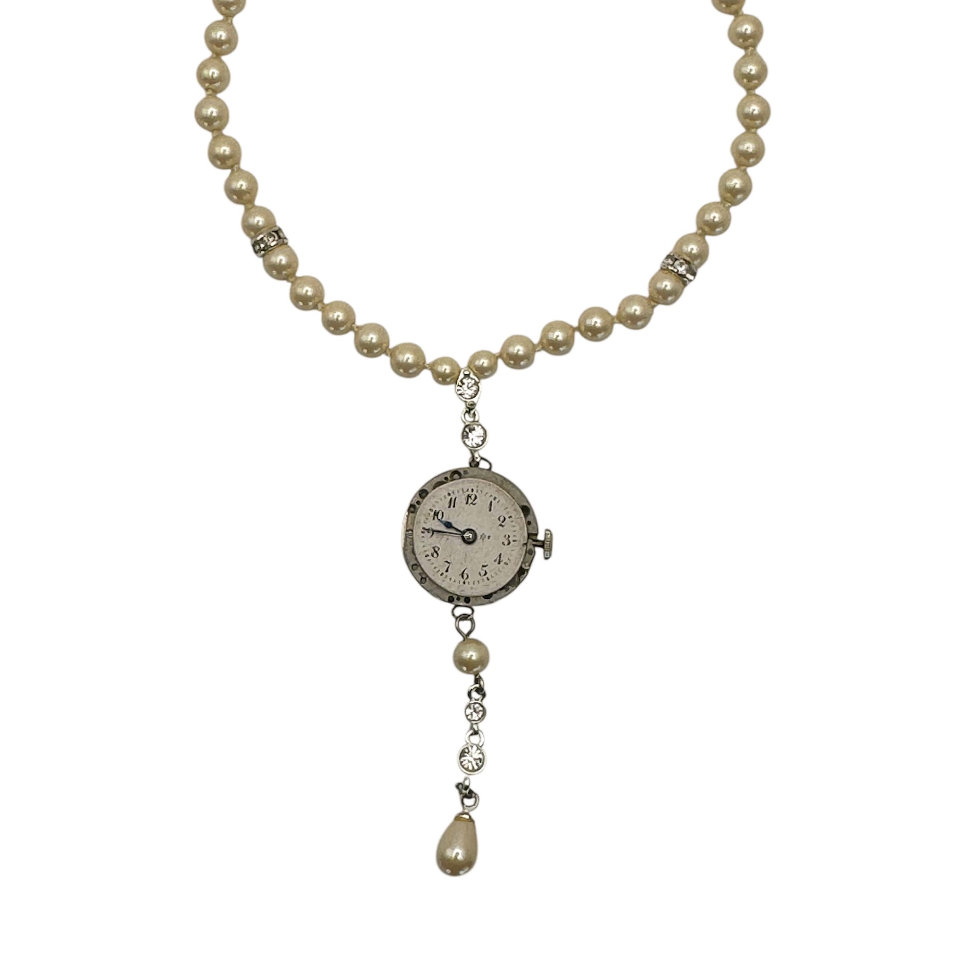 vintage monet y necklace pearl crystal watch movement pendant