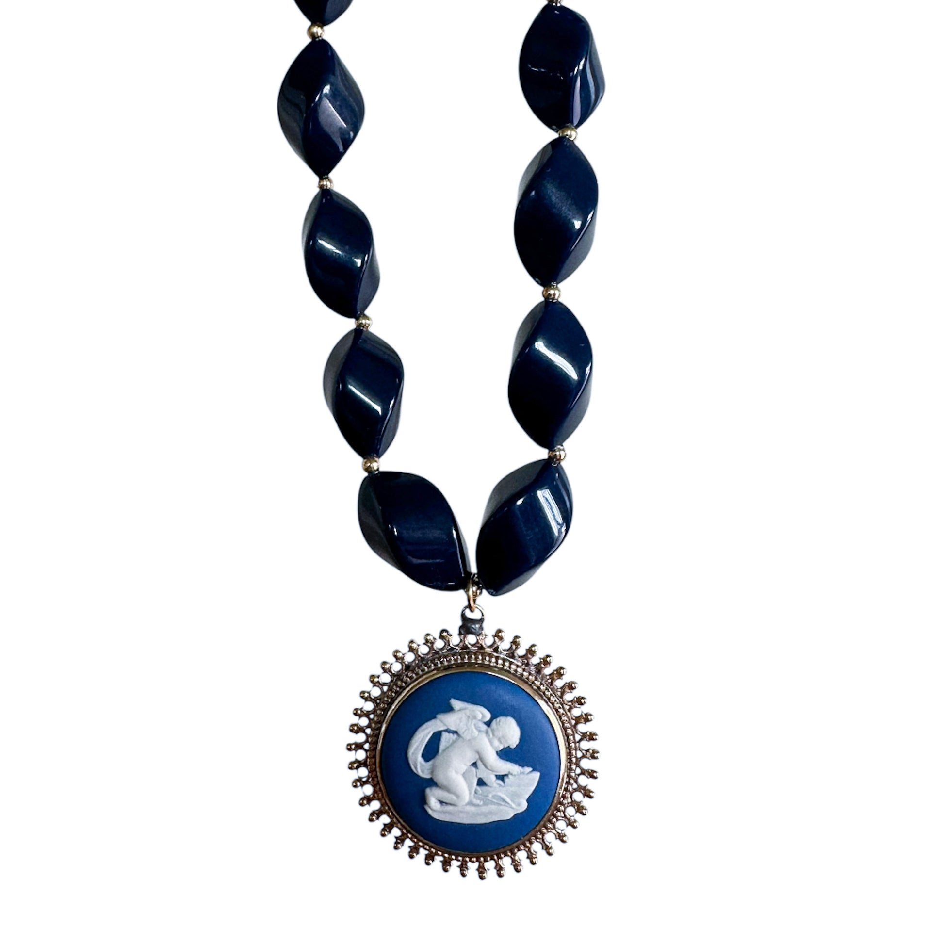 vintage napier beaded necklace wedgwood brooch pendant navy