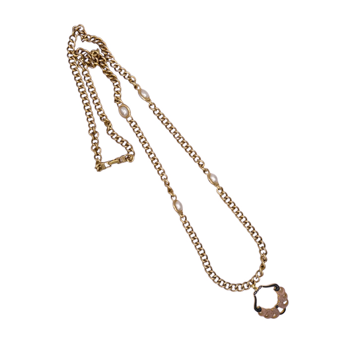Vintage Pearl-Detailed Long Chain Necklace with Light Pink Cloisonné Pendant
