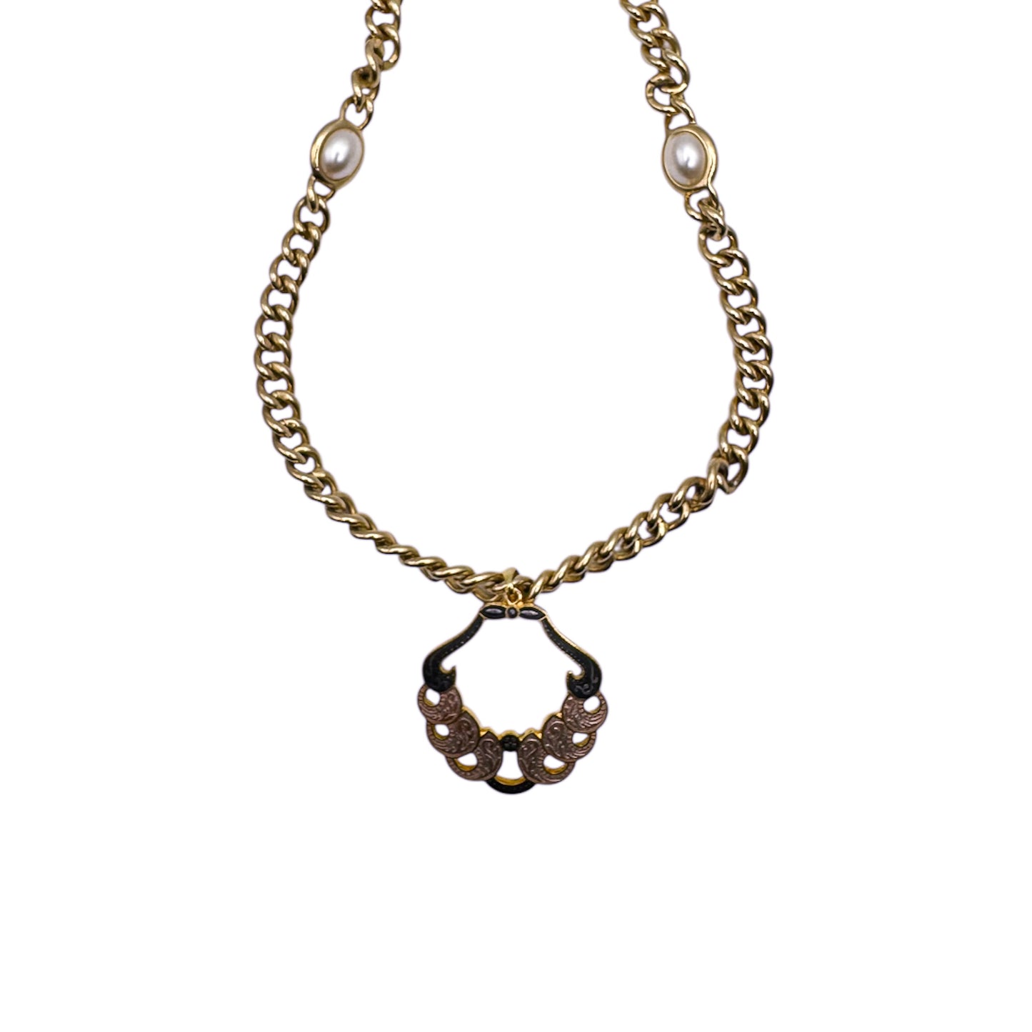 Vintage Pearl-Detailed Long Chain Necklace with Light Pink Cloisonné Pendant