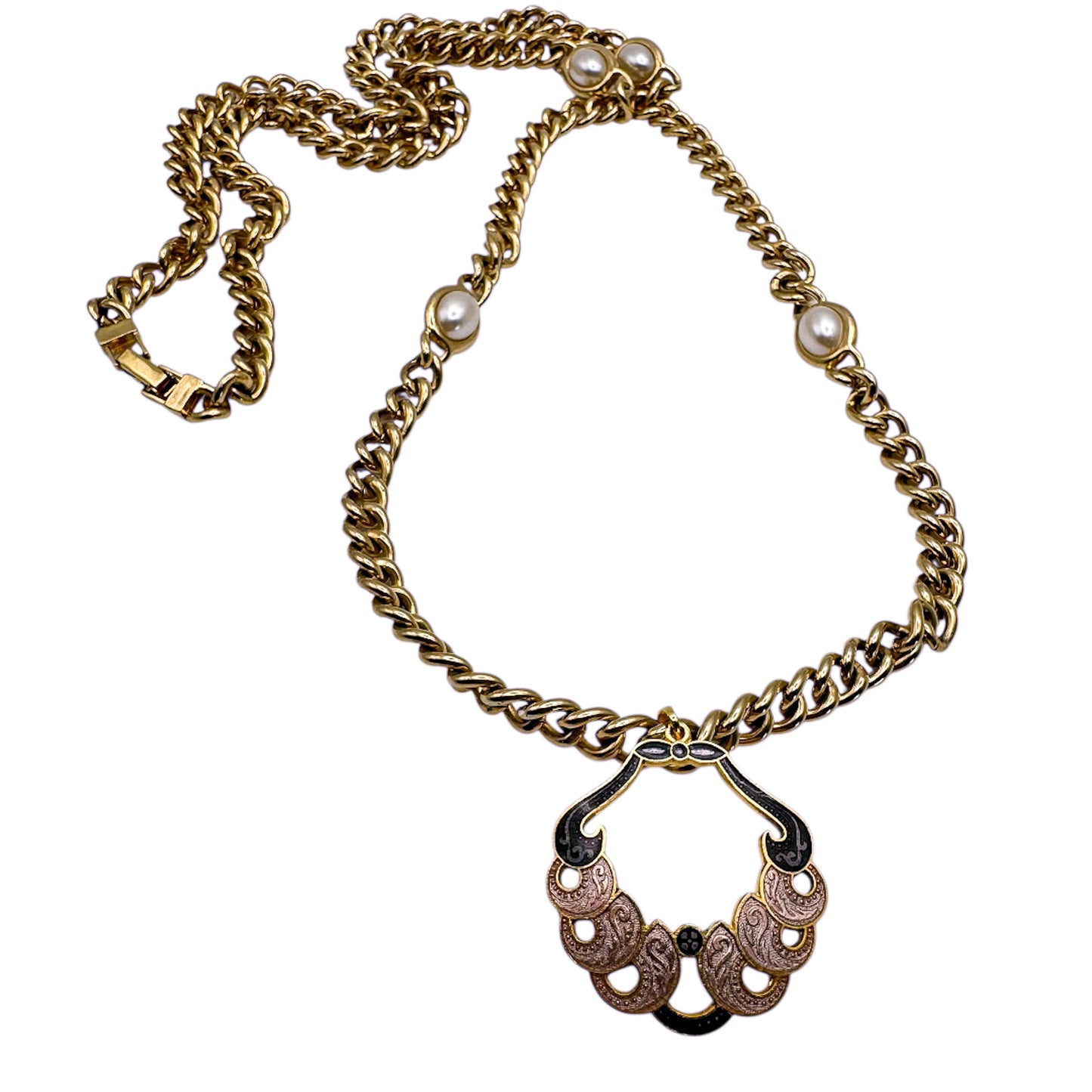 Vintage Pearl-Detailed Long Chain Necklace with Light Pink Cloisonné Pendant