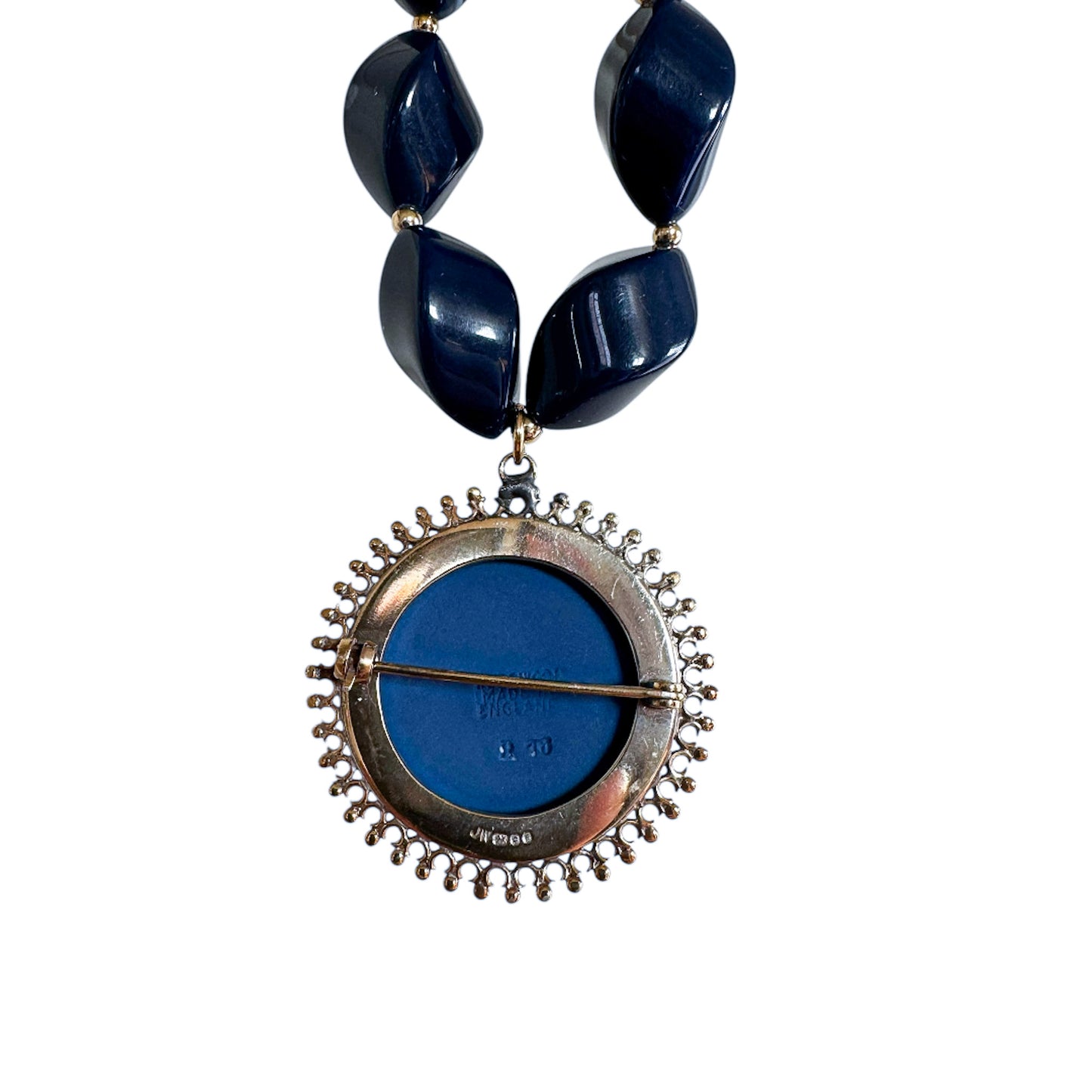 Vintage Napier Navy Beaded Long Necklace with Wedgwood Brooch Pendant — 1980s