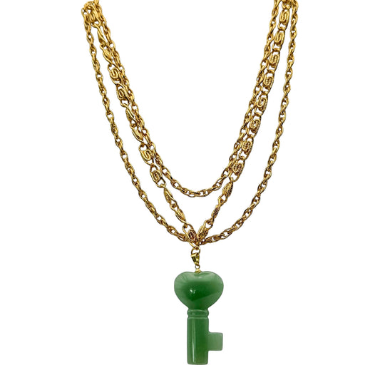 Vintage Triple Gold Chain Necklace with Aventurine Key Heart Pendant — 1980s