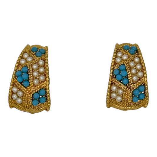 Vintage Gold & Turquoise Seed Pearl Domed Clip-On Earrings — 1960s