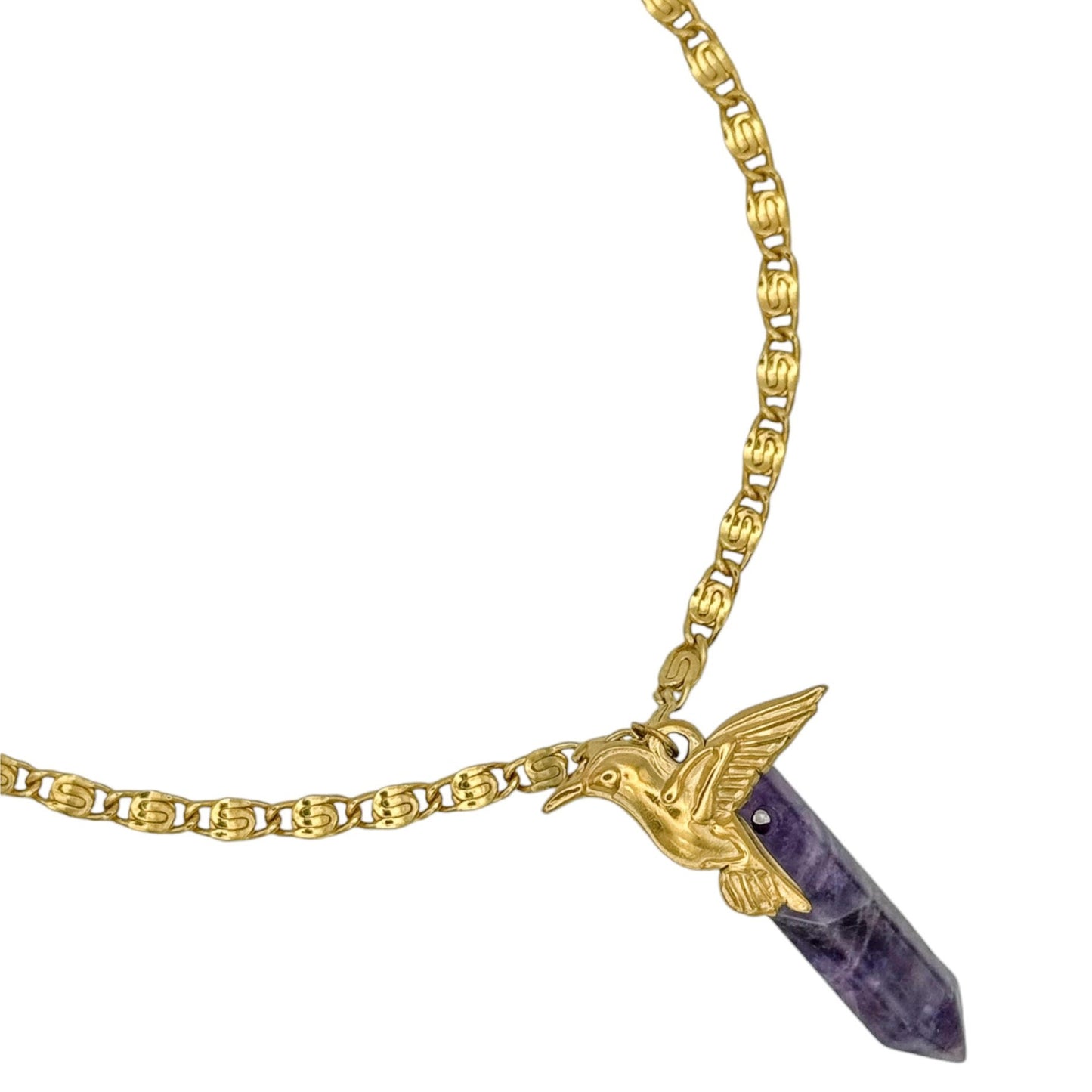Ametist Kuşlu Vintage Altın Kaplama Kolye