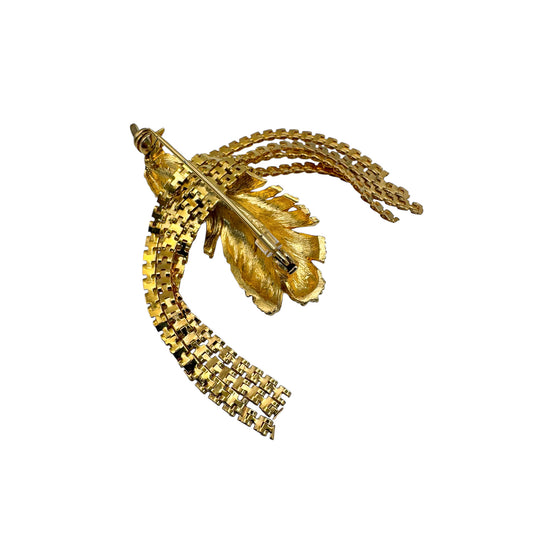 Vintage Gold-Plated Leaf & Tassel Brooch — 1980s