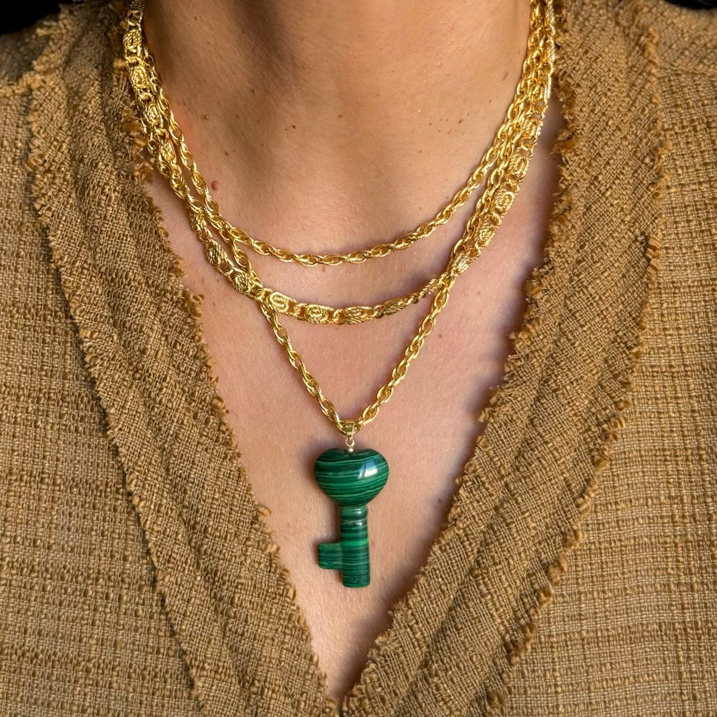 Vintage Triple Gold Chain Necklace with Malachite Key Heart Pendant — 1980s
