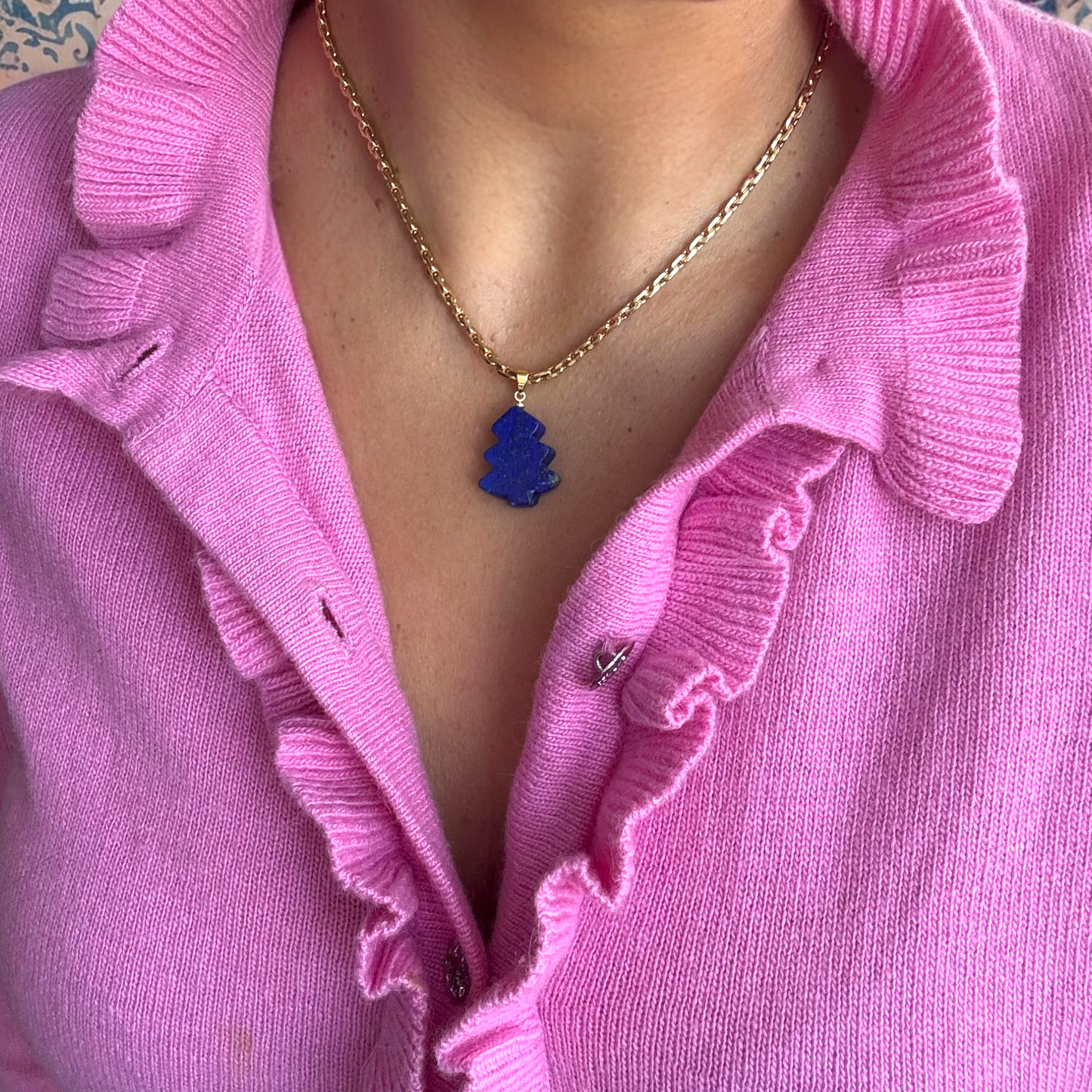 Lapis Lazuli Yılbaşı Ağaç Detaylı Vintage Altın Kaplama Zincir