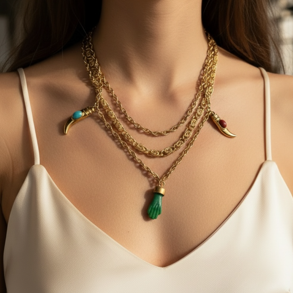 Vintage 3 Katmanlı Charm Kolye – 1980’ler Üçlü Altın Kaplama Zincir, Boynuz & El Charm Detaylı