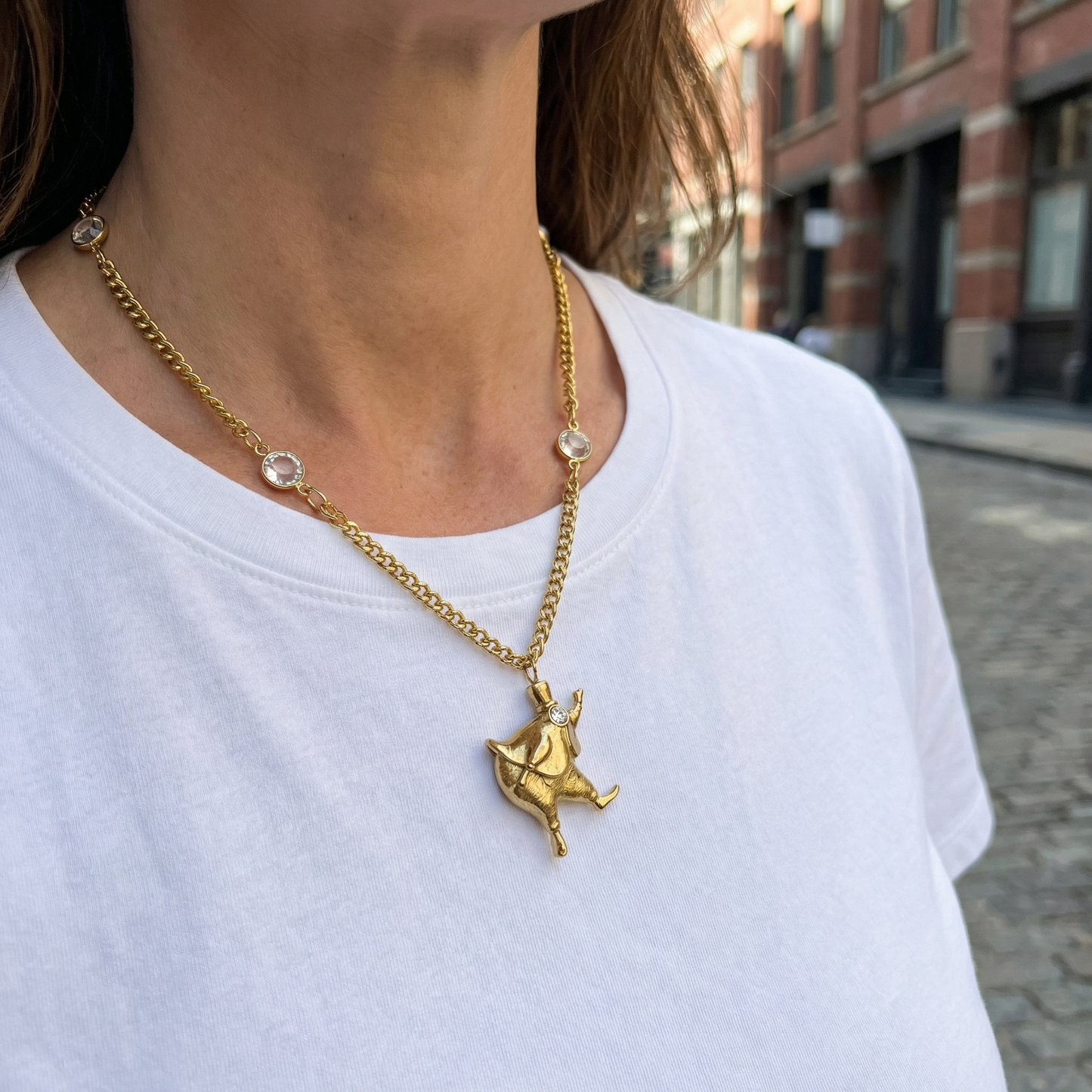 vintage crystal necklace styled on outfit