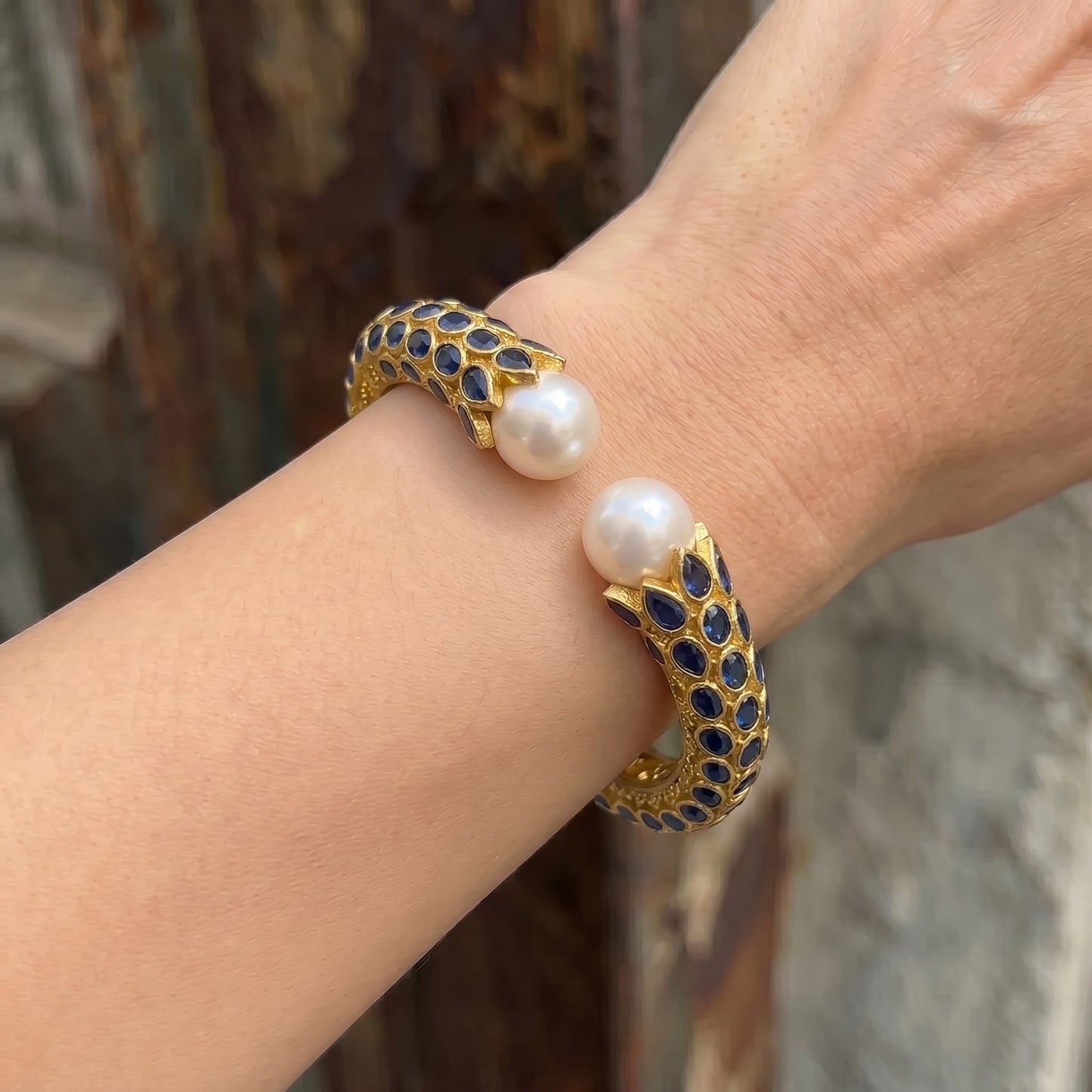 Vintage-Inspired Gold Purple Rhinestone & Pearl Cuff Bracelet