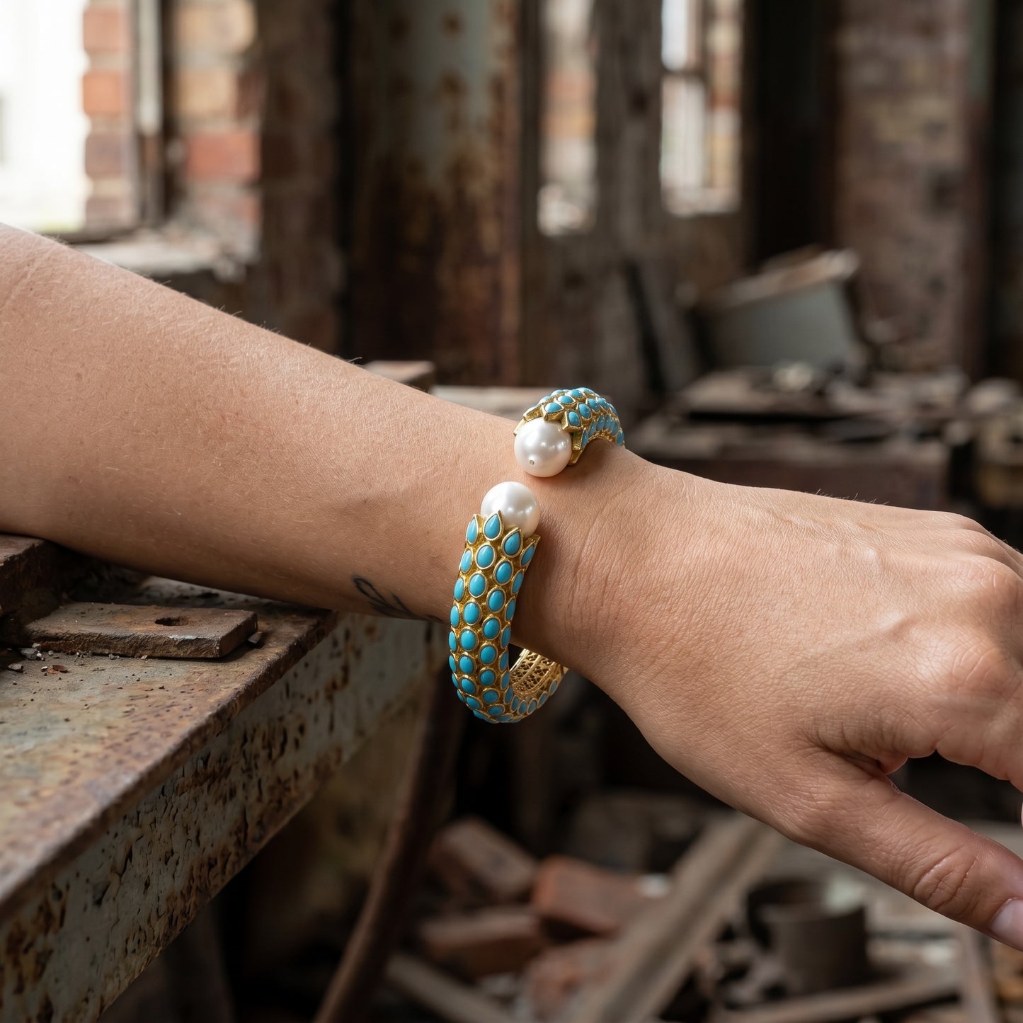 Vintage-Inspired Gold Turquoise Bead & Pearl Cuff Bracelet