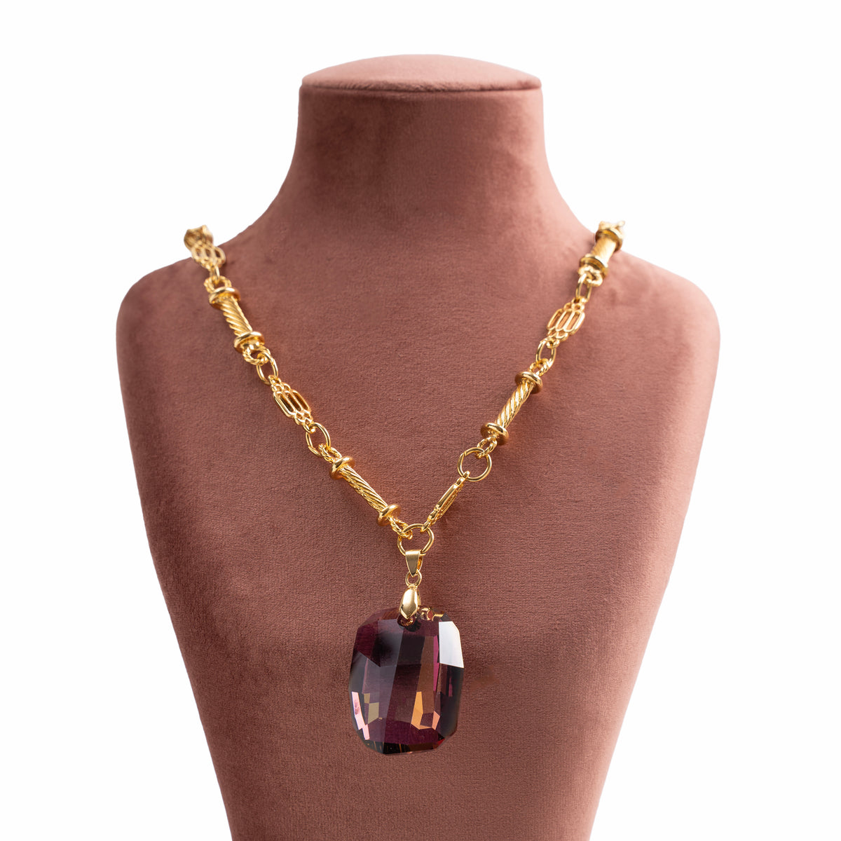 Vintage Altın Art Deco Swarovski Bordo Kristal Uçlu Kolye — 1980'ler