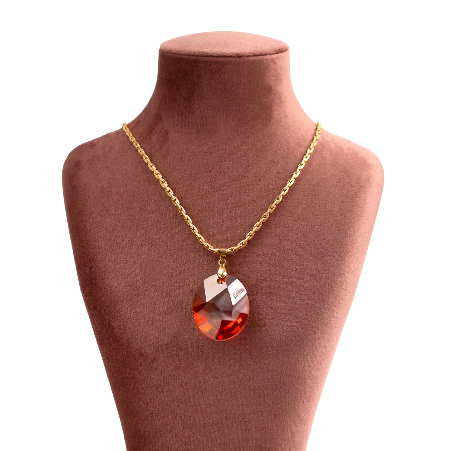 Vintage Gold Link Chain Necklace with Jean Paul Gaultier Swarovski Oval Pendant — 1980s