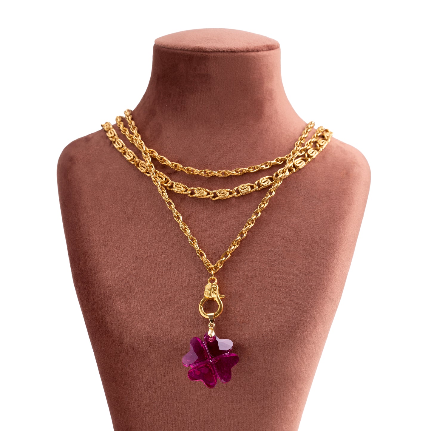 Vintage Triple-Strand Necklace with Swarovski Fuchsia Clover Pendant — 1980s