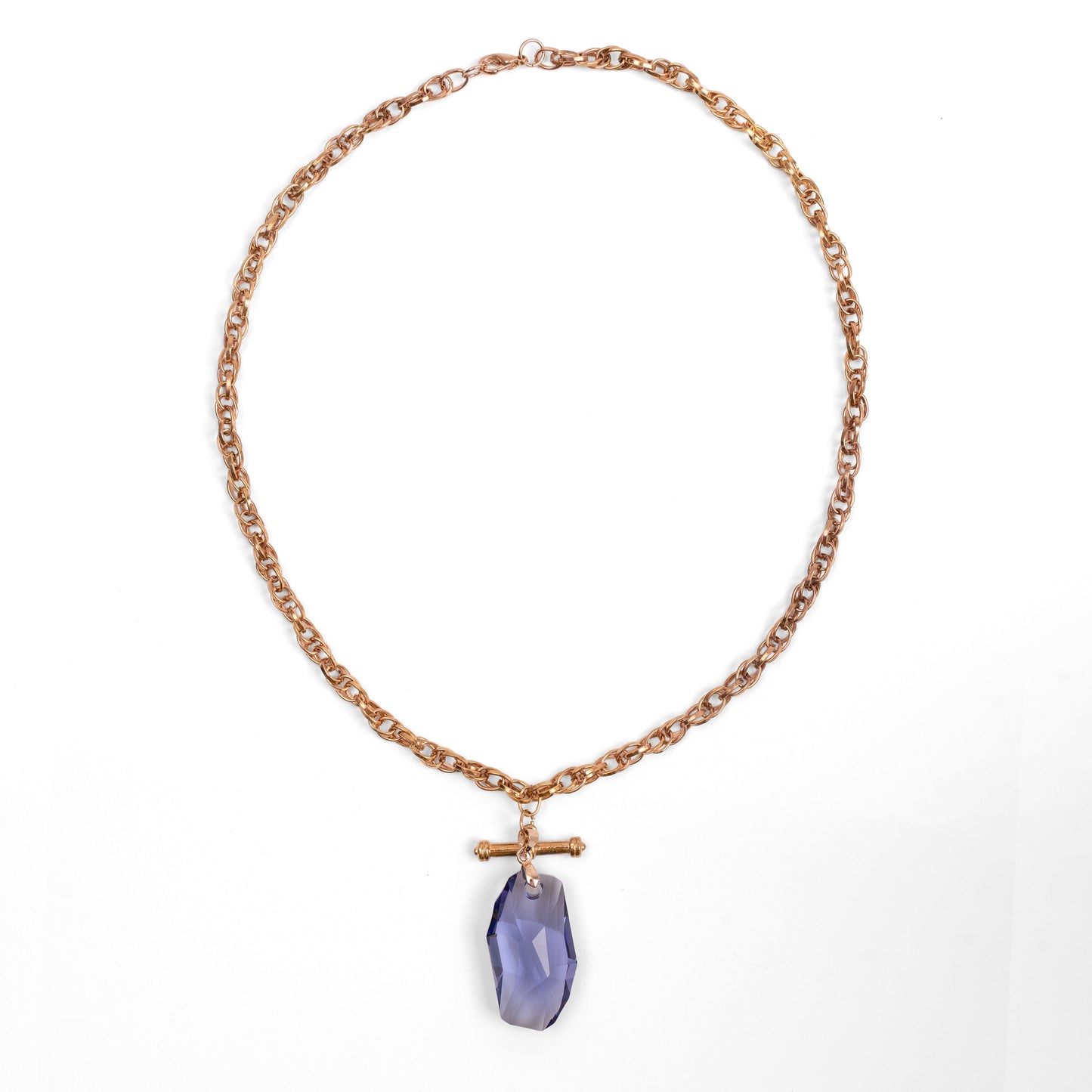 Vintage Rose Gold Zincir Kolye ve Swarovski Tanzanit Kristal Kolye Ucu — 1980'ler
