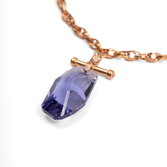 Vintage Rose Gold Zincir Kolye ve Swarovski Tanzanit Kristal Kolye Ucu — 1980'ler