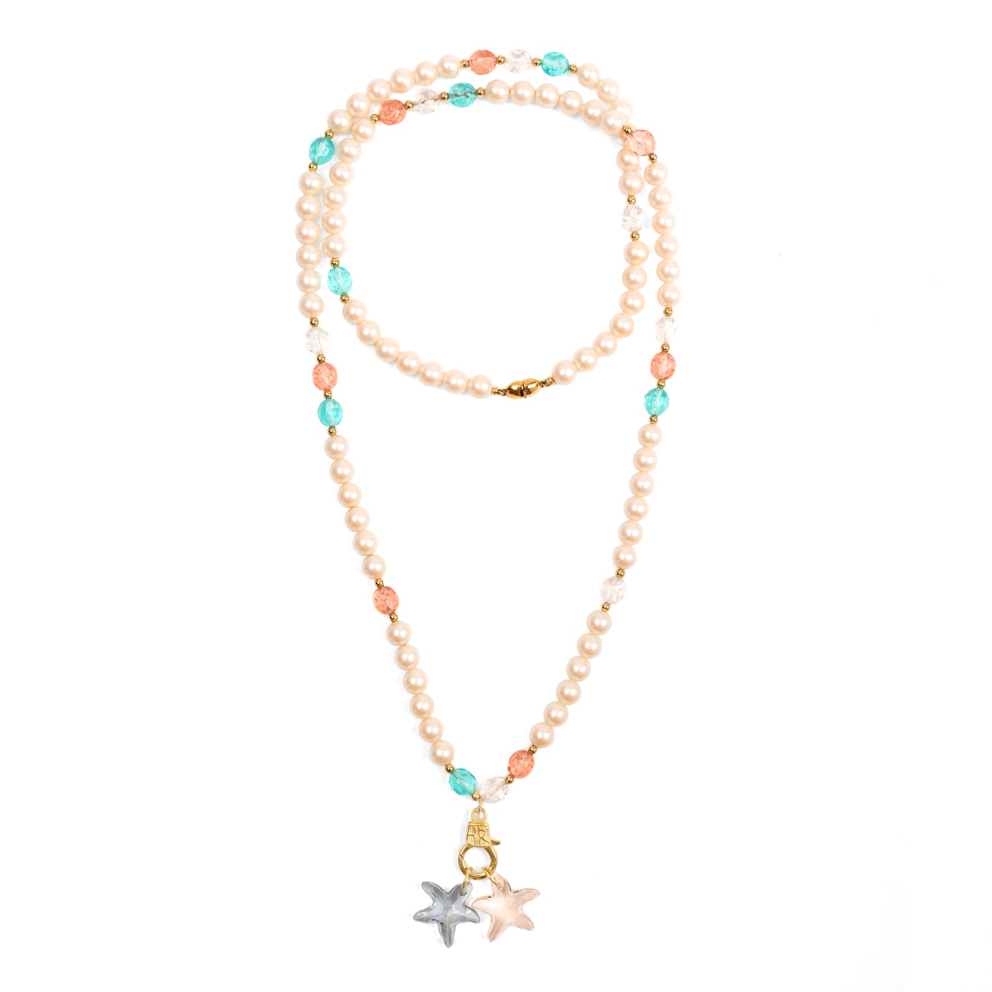 Vintage Monet Imitation Pearl Necklace with Swarovski Star Charms — 1980s