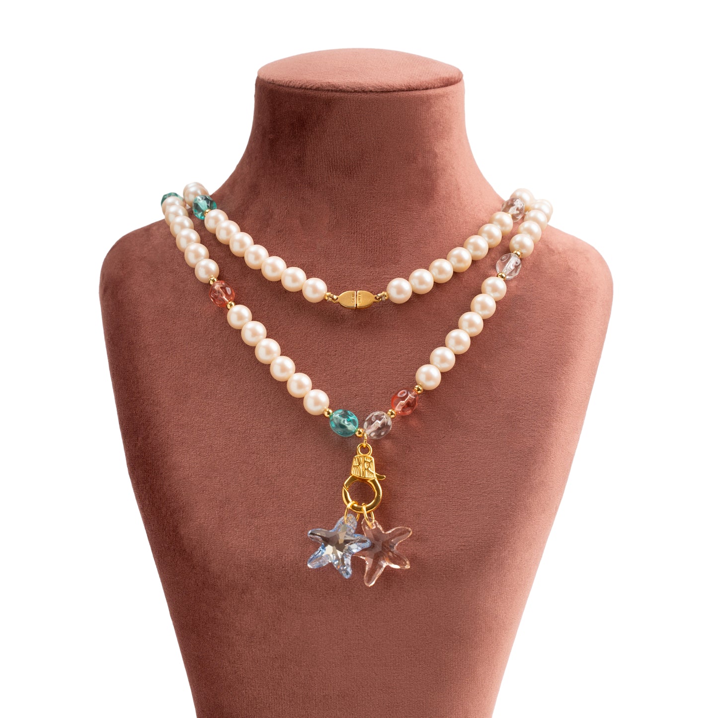 Vintage Monet Imitation Pearl Necklace with Swarovski Star Charms — 1980s
