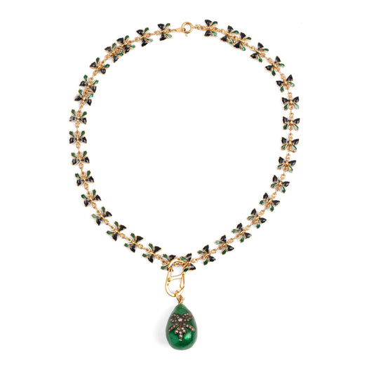 Vintage Navy & Green Enamel Butterfly Chain Necklace with Rhinestone Bow Pendant — 1980s