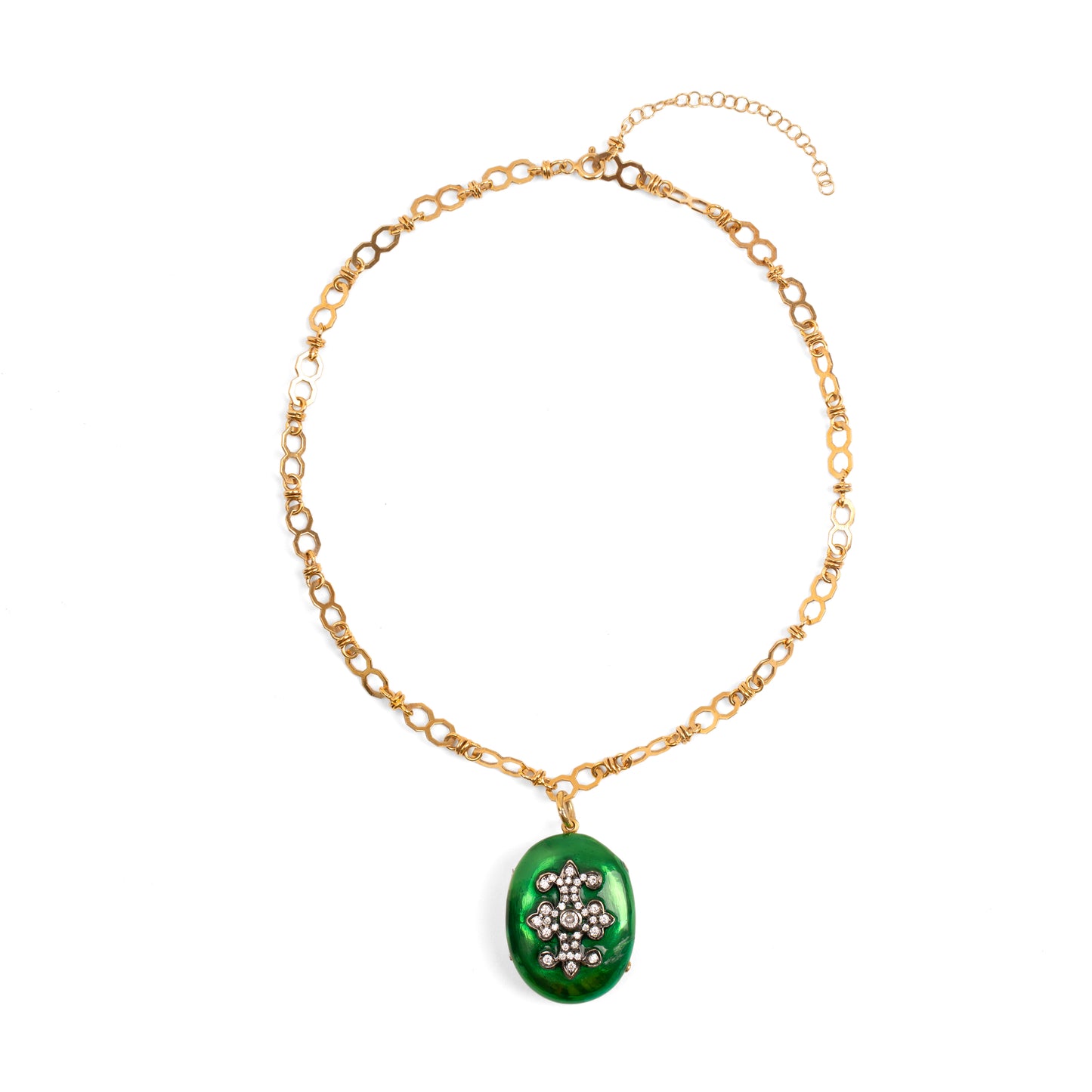 Vintage Sterling Silver Emerald Enamel Fleur-de-Lis Locket Necklace — 1990s