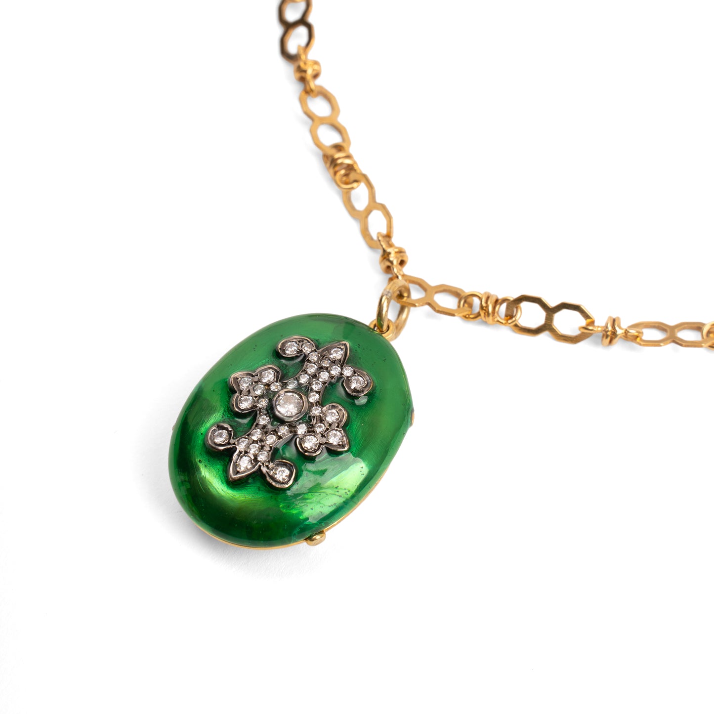 Vintage Sterling Silver Emerald Enamel Fleur-de-Lis Locket Necklace — 1990s