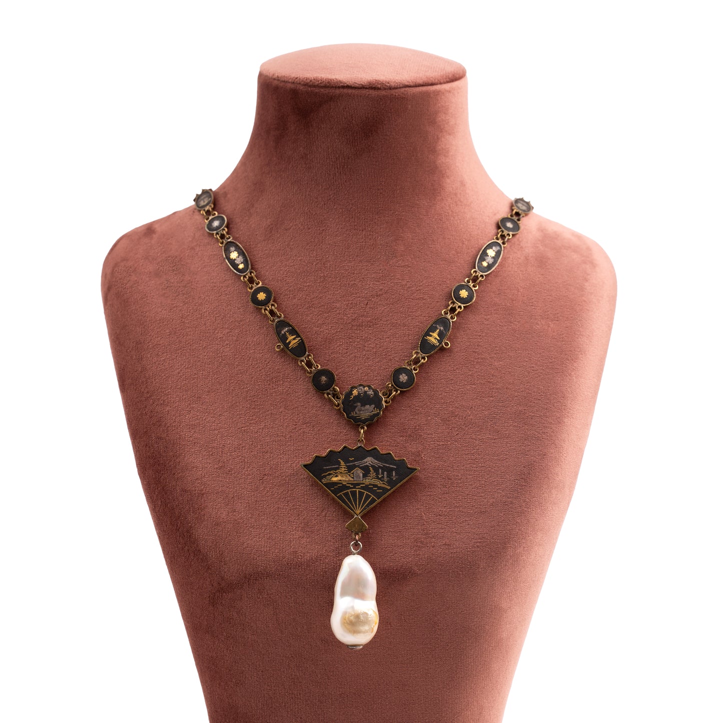 Vintage Japanese Shakudo Hand-Fan Necklace with 24K Gold Inlay & Baroque Pearl Drop — 1930s