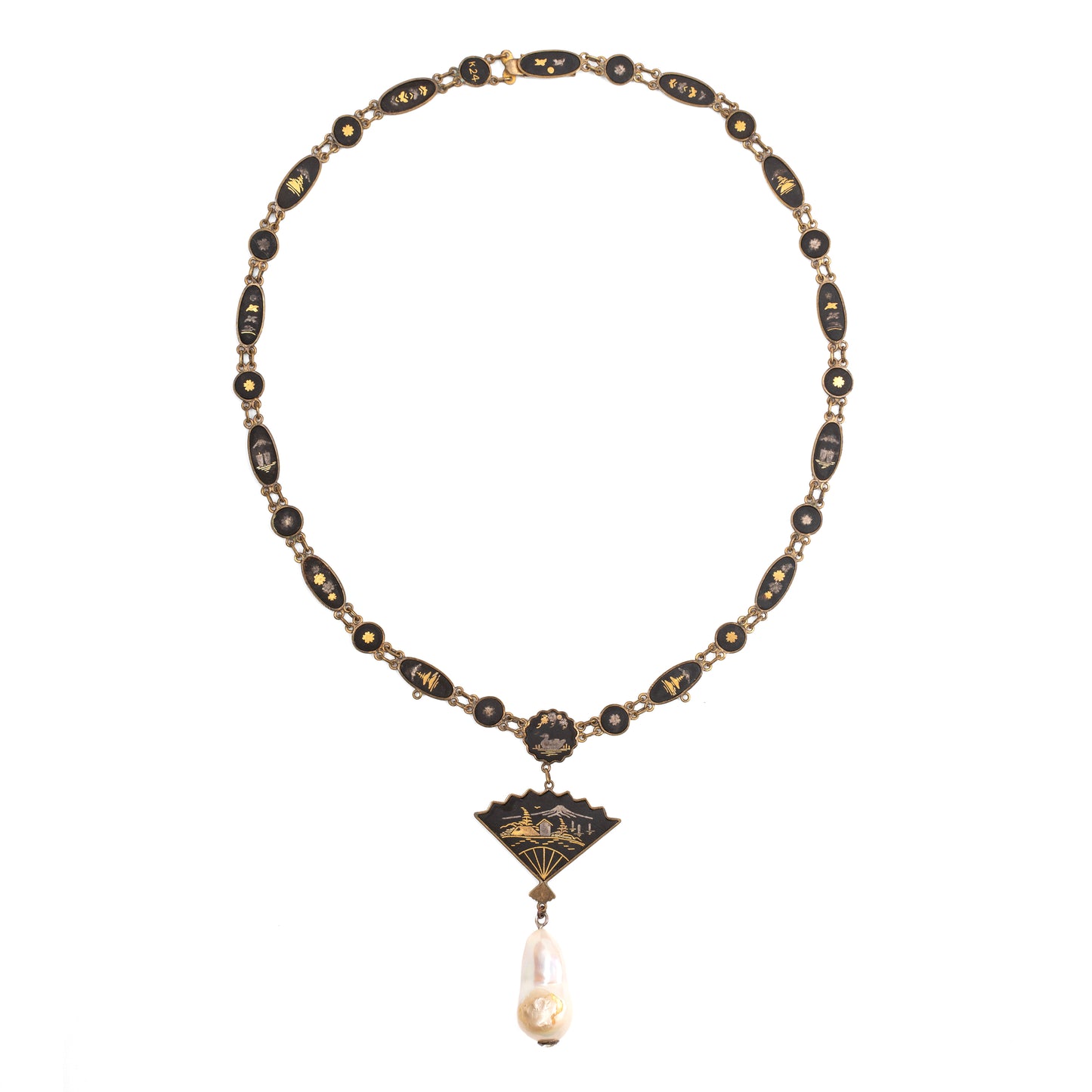 Vintage Japanese Shakudo Hand-Fan Necklace with 24K Gold Inlay & Baroque Pearl Drop — 1930s