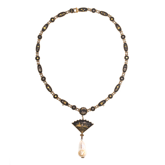 Vintage Japanese Shakudo Hand-Fan Necklace with 24K Gold Inlay & Baroque Pearl Drop — 1930s